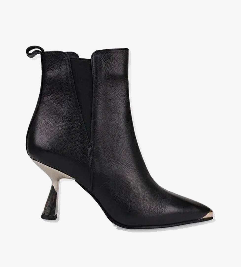 %100 Hakiki Deri Siyah Fermuarlı Kadın Topuklu Bot - Görsel 1