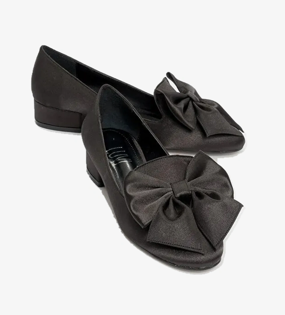 REAL Siyah Saten Fiyonklu Kadın Topuklu Babet Ayakkabı - Görsel 1