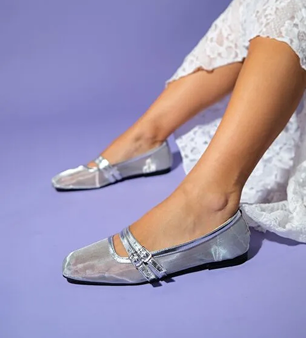 MOANA Gümüş Fileli Kadın Babet Ayakkabı - Görsel 1