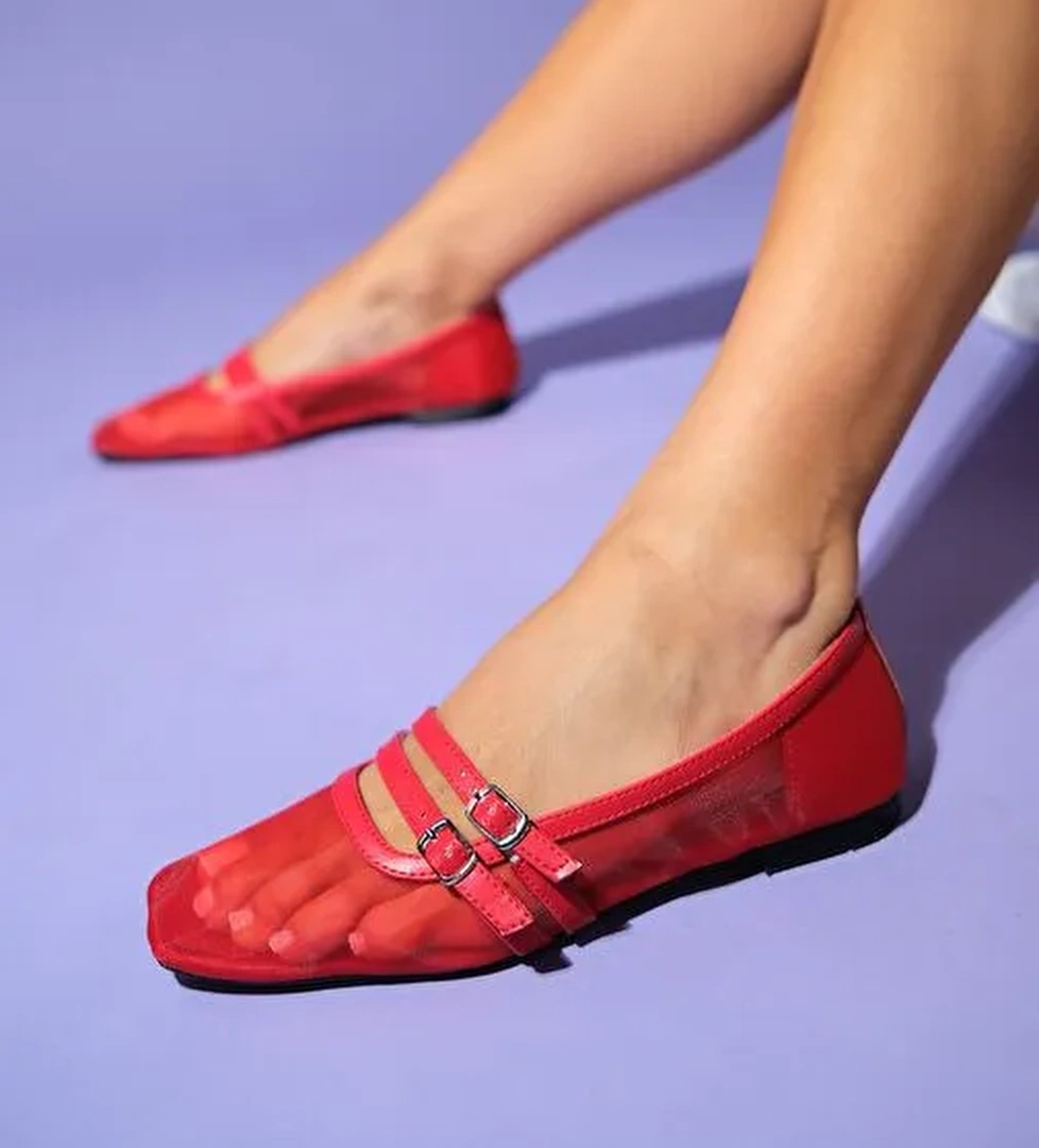 MOANA Kırmızı Fileli Kadın Babet Ayakkabı - Görsel 1