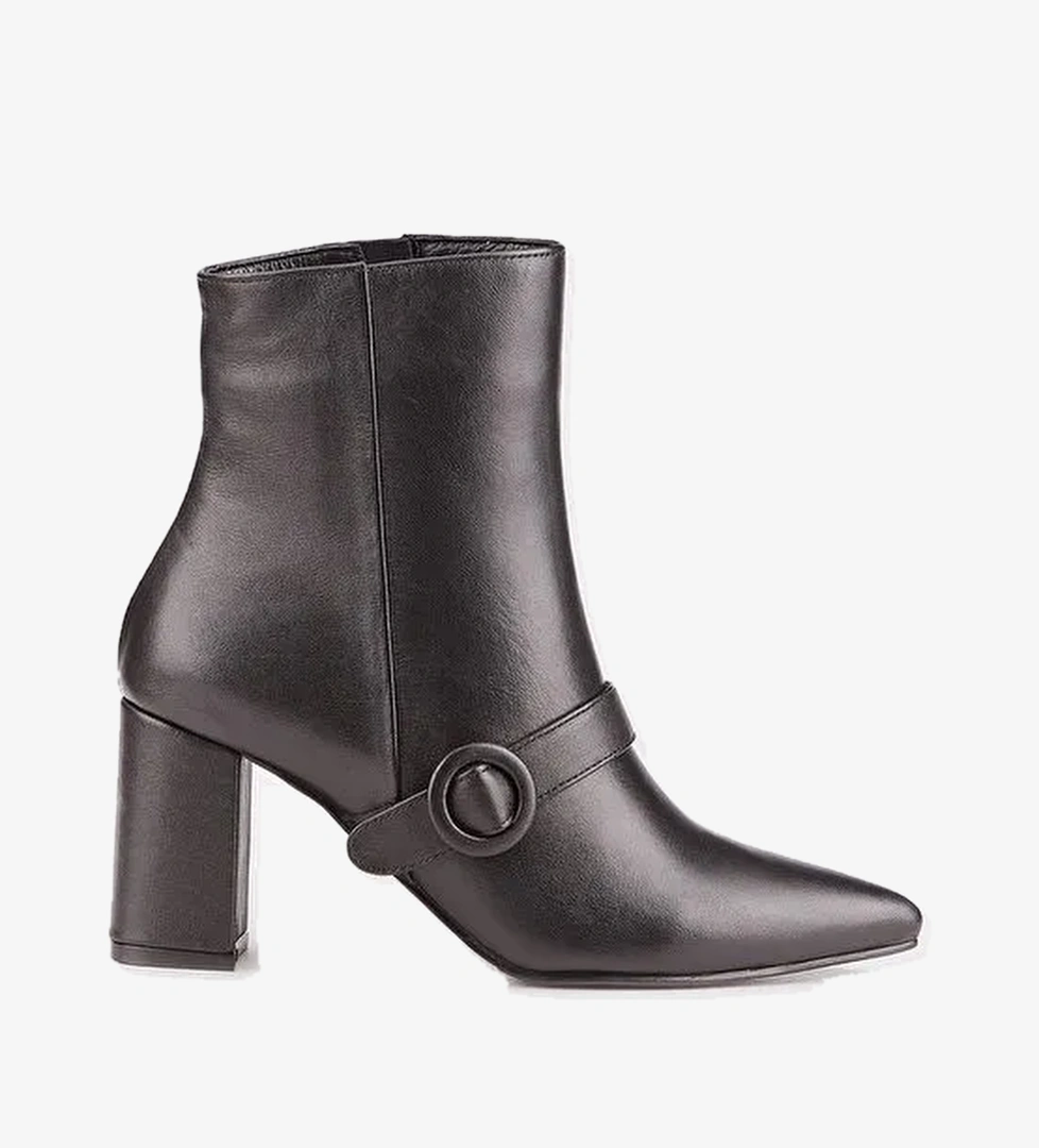 Hakiki Deri Toka Detaylı Siyah Fermuarlı Kadın Topuklu Bot - Görsel 1