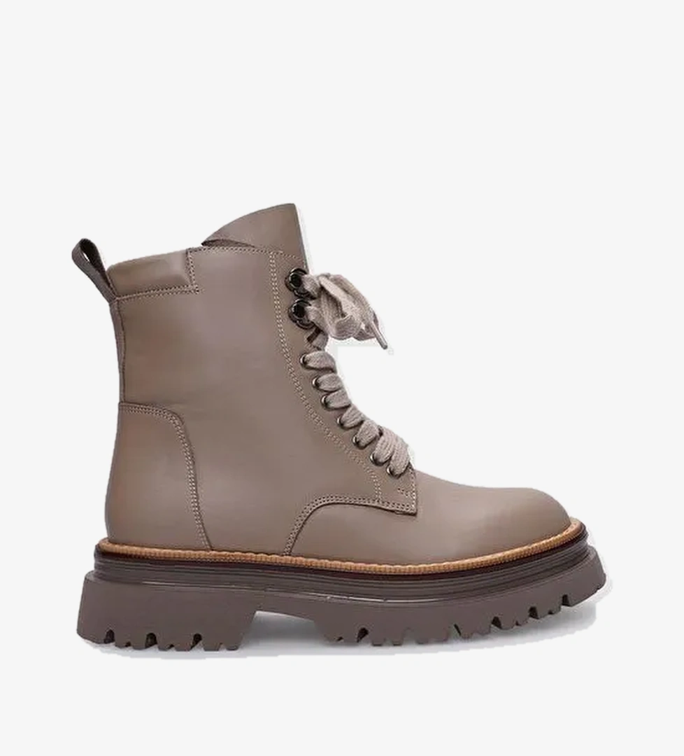 %100 Hakiki Deri Vizon Fermuarlı - Bağcıklı Kadın Bot - Görsel 1