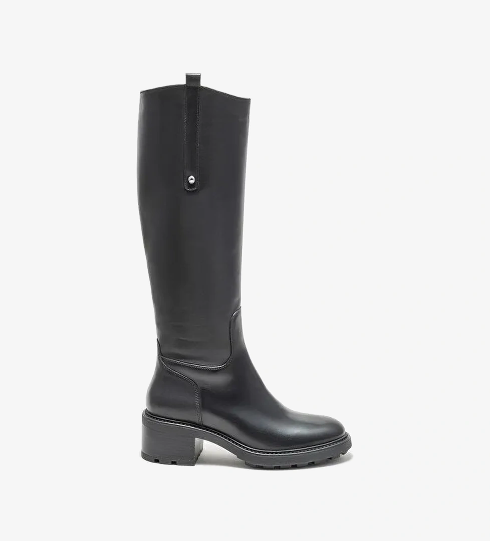 Siyah Deri Kadın Topuklu Çizme - Görsel 1