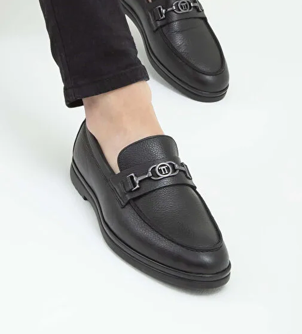 Tamer Tanca Erkek Hakiki Deri Siyah Kürklü Loafer Ayakkabı - Görsel 1