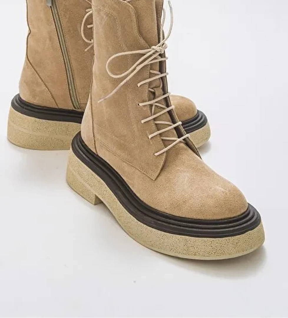 PEARL Bej Süet Hakiki Deri Kadın Bot - Görsel 1