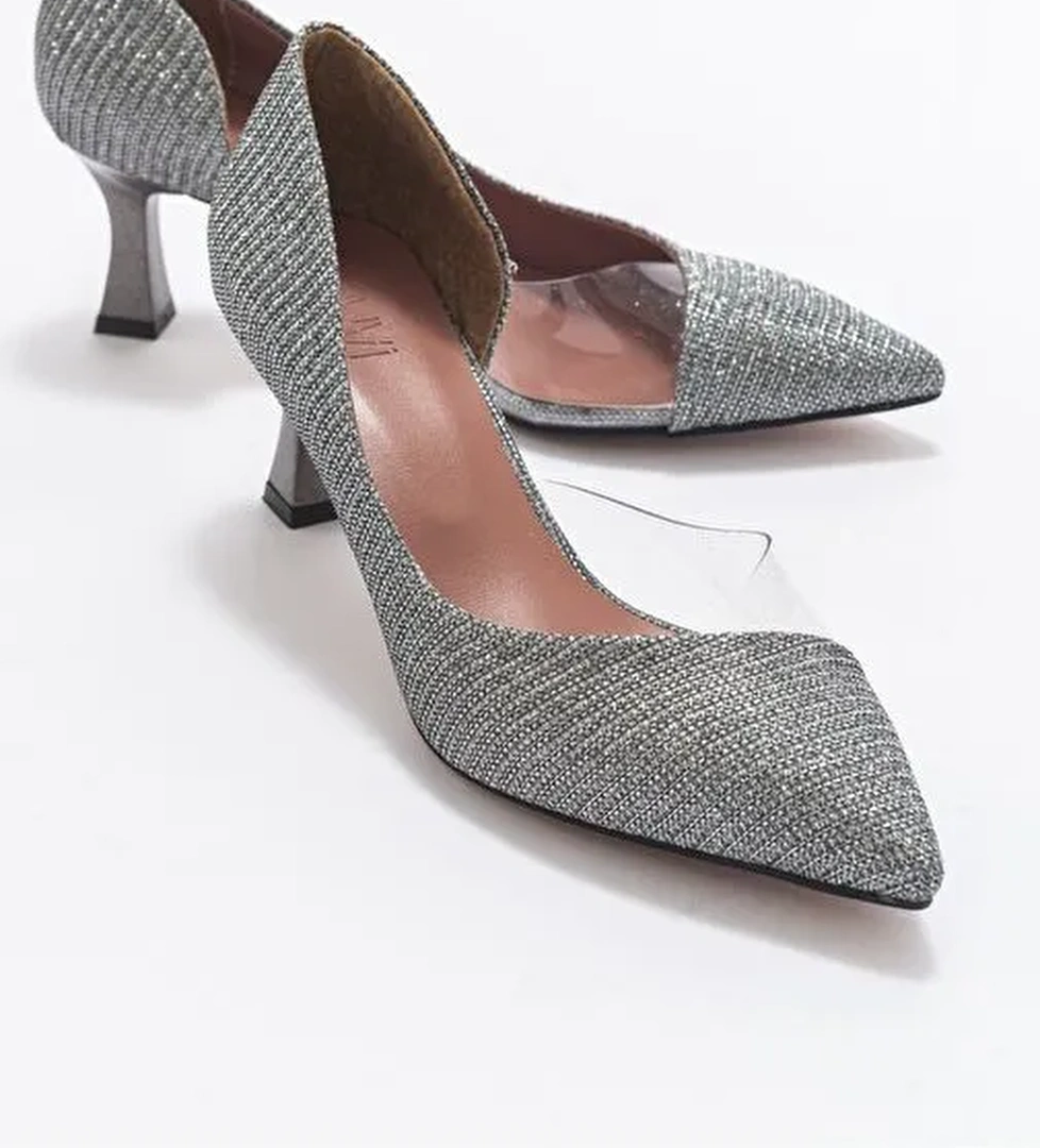 353 Platın Simli Topuklu Kadın Ayakkabı - Görsel 1