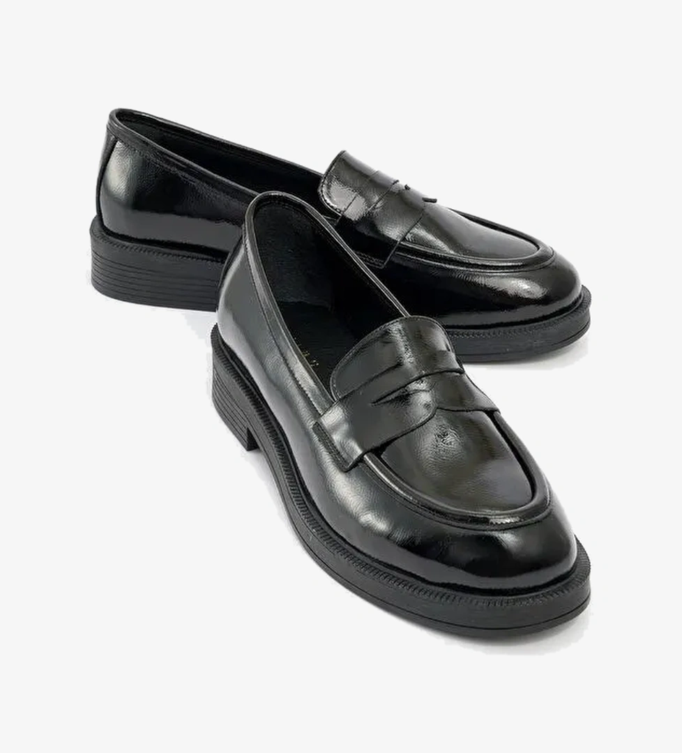 PLİNE Siyah Rugan Hakiki Deri Kadın Loafer Ayakkabı - Görsel 1