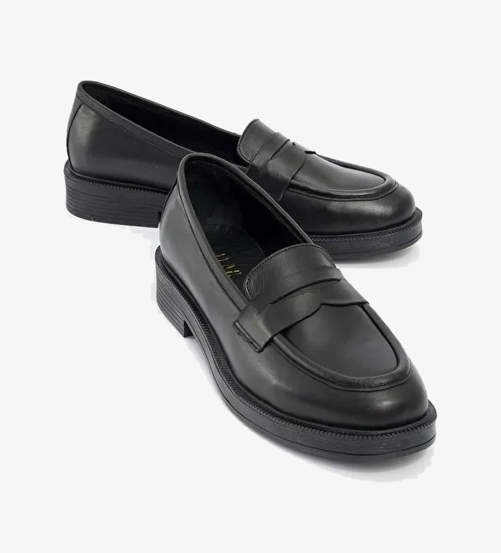PLİNE Siyah Cilt Hakiki Deri Kadın Loafer Ayakkabı - Görsel 1