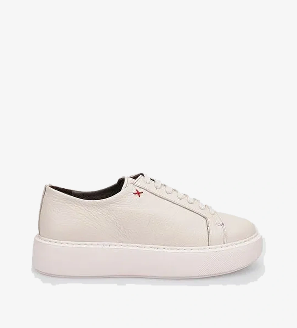 %100 Hakiki Deri Bej Bağcıklı Kadın Spor Ayakkabı - Görsel 1