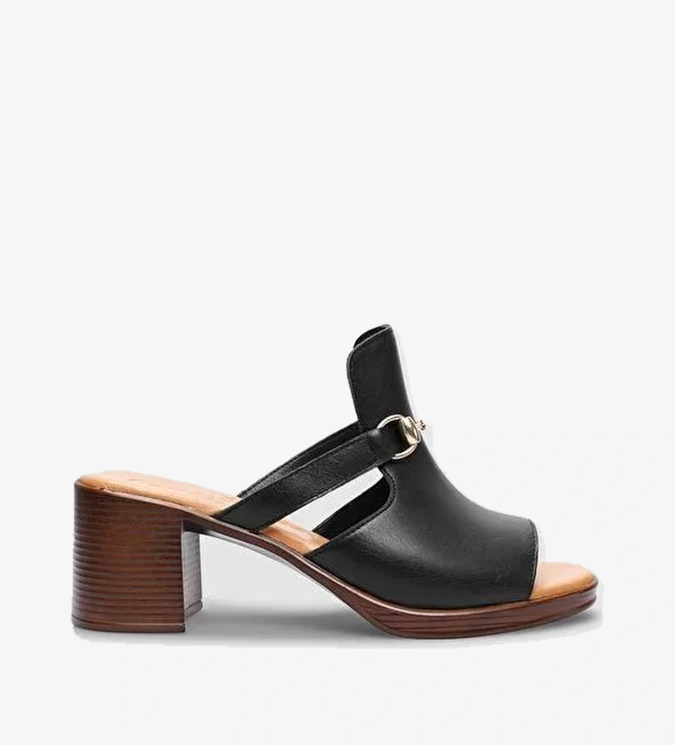 %100 Hakiki Deri Siyah Kadın Kalın Topuklu Terlik - Görsel 1