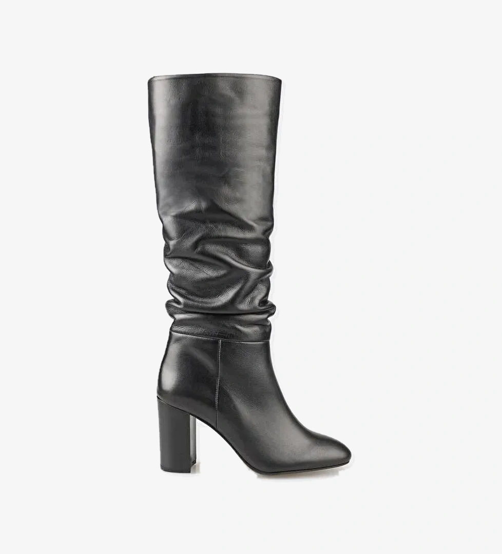 Siyah Deri Kadın Topuklu Çizme - Görsel 1