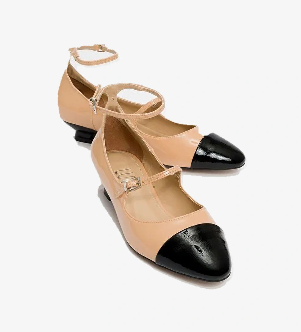 USTER Koyu Bej Siyah Rugan Kadın Kısa Topuklu Ayakkabı - Görsel 1