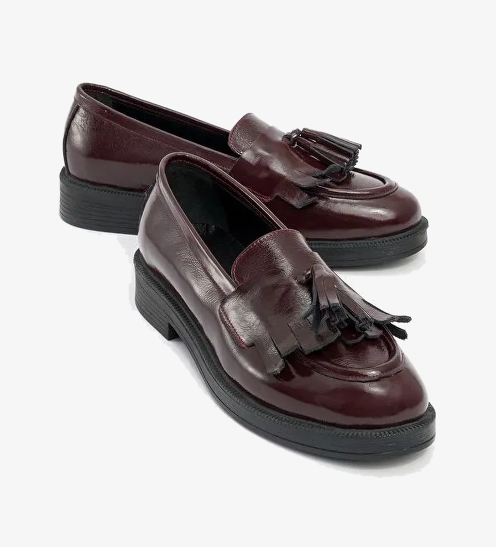 MİLİNA Bordo Rugan Püsküllü Hakiki Deri Kadın Loafer Ayakkabı - Görsel 1