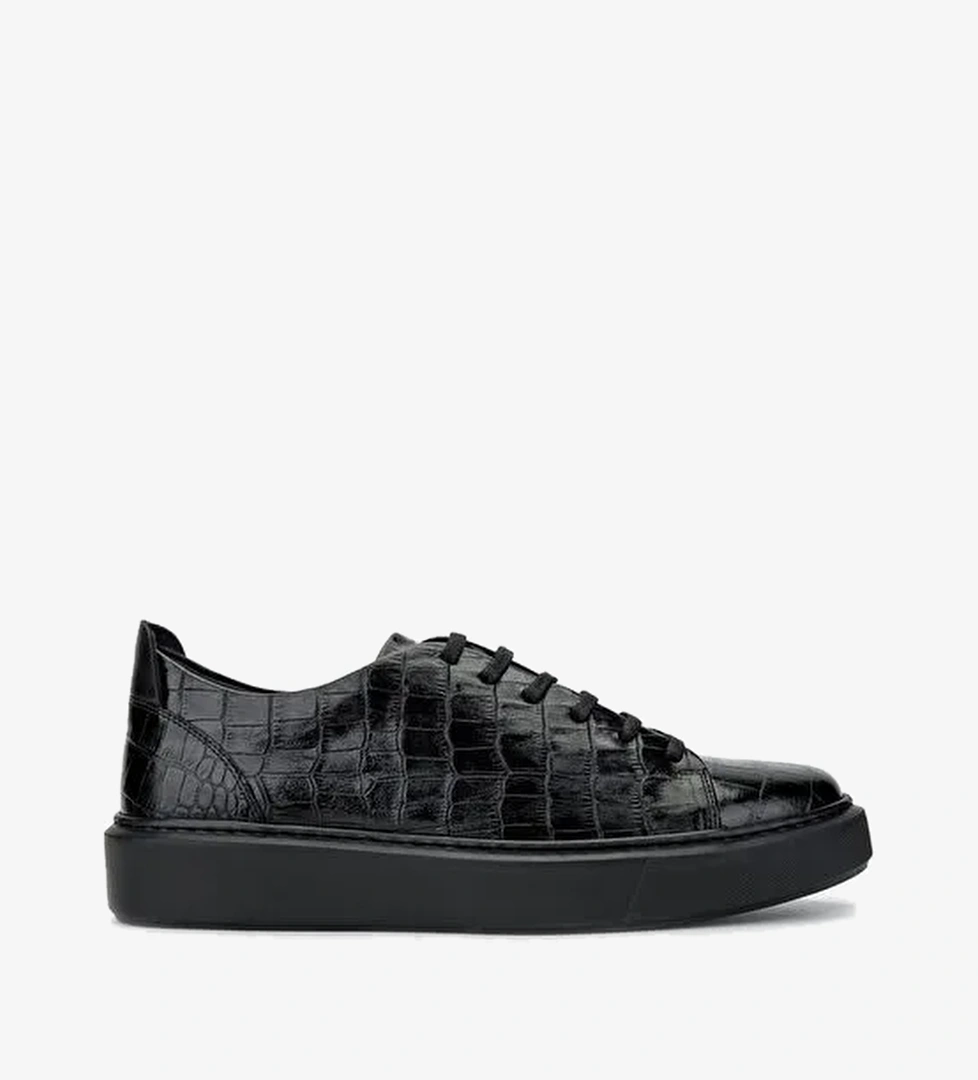 Valmenti Erkek Hakiki Deri Siyah Kroko Sneakers - Görsel 1