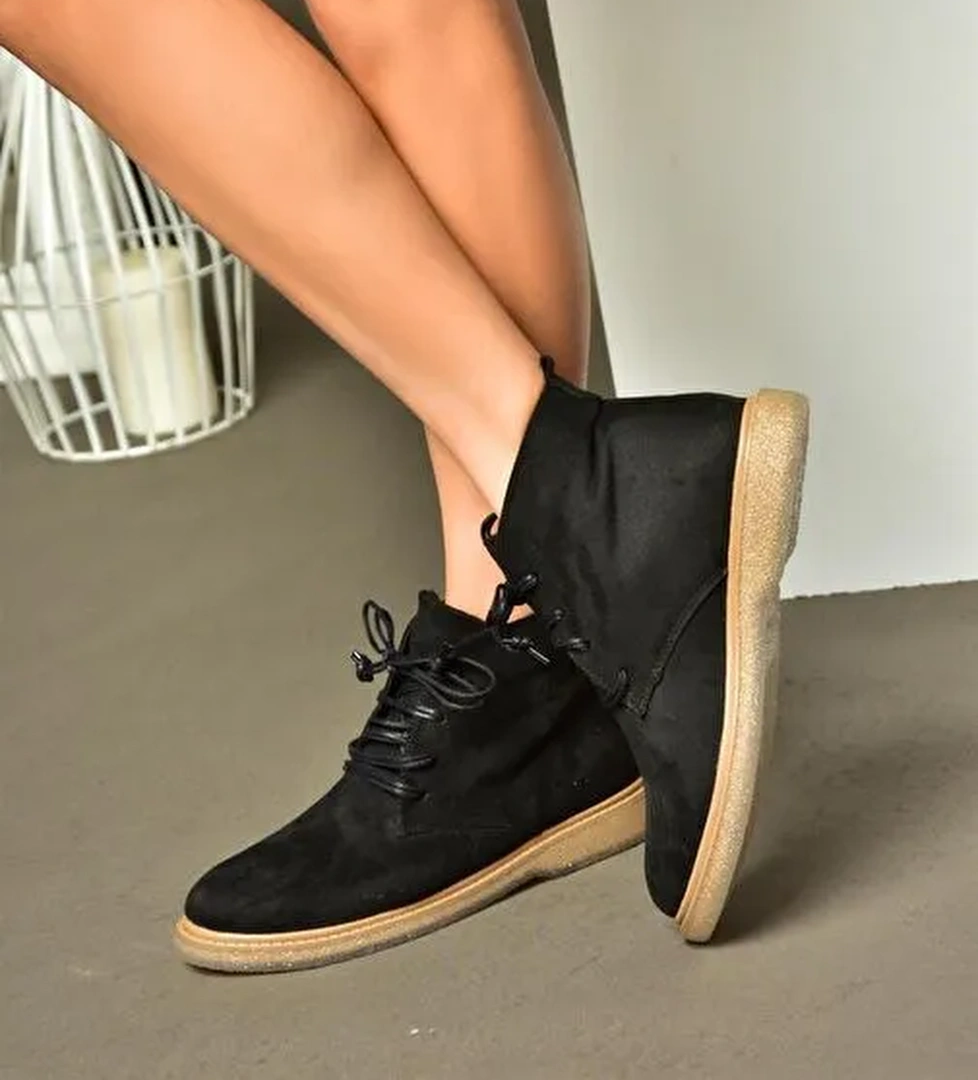 R374923202 Siyah Süet Alçak Taban Klasik Kadın Bot - Görsel 1