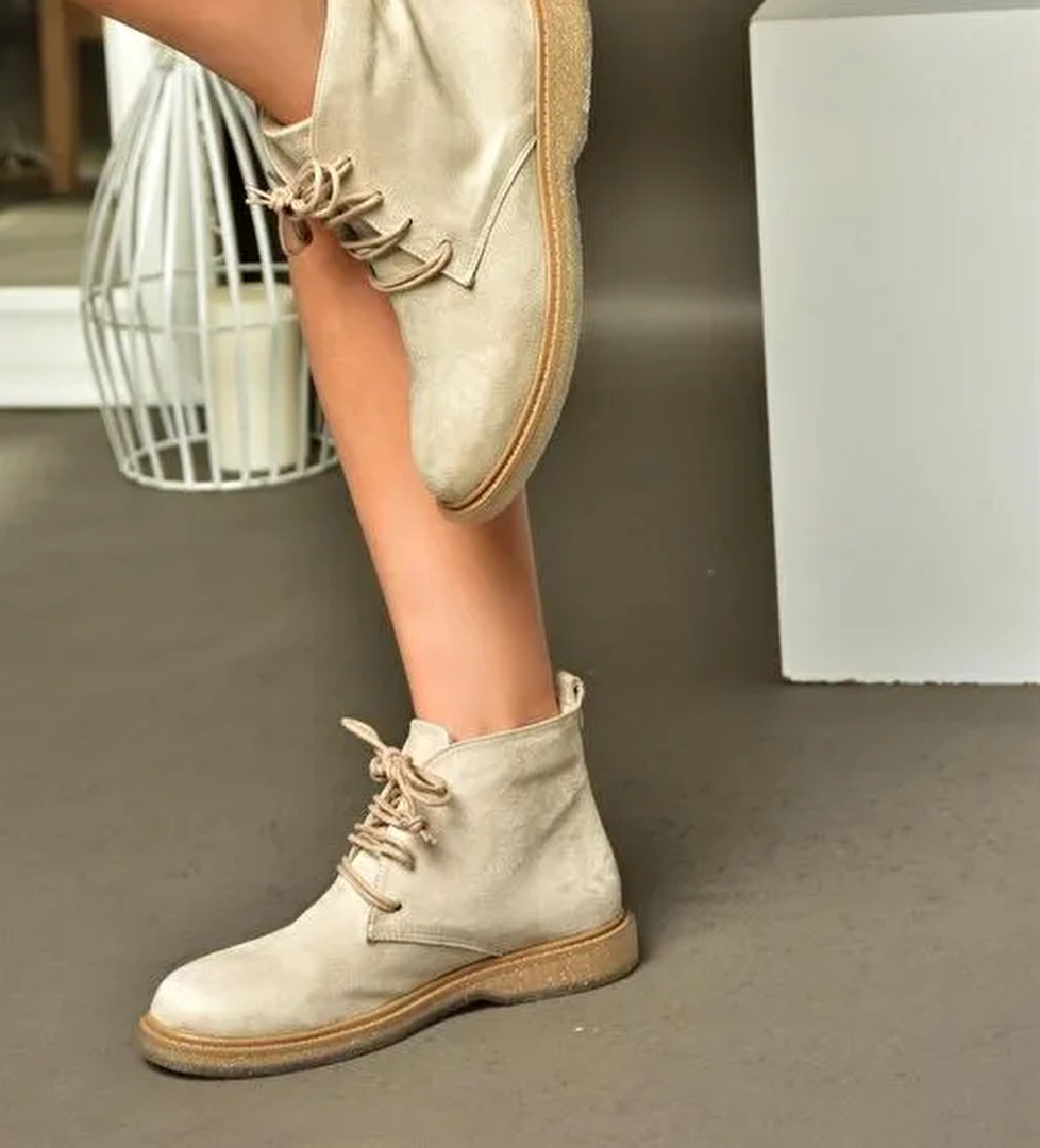 R374923202 Bej Süet Alçak Taban Klasik Kadın Bot - Görsel 1