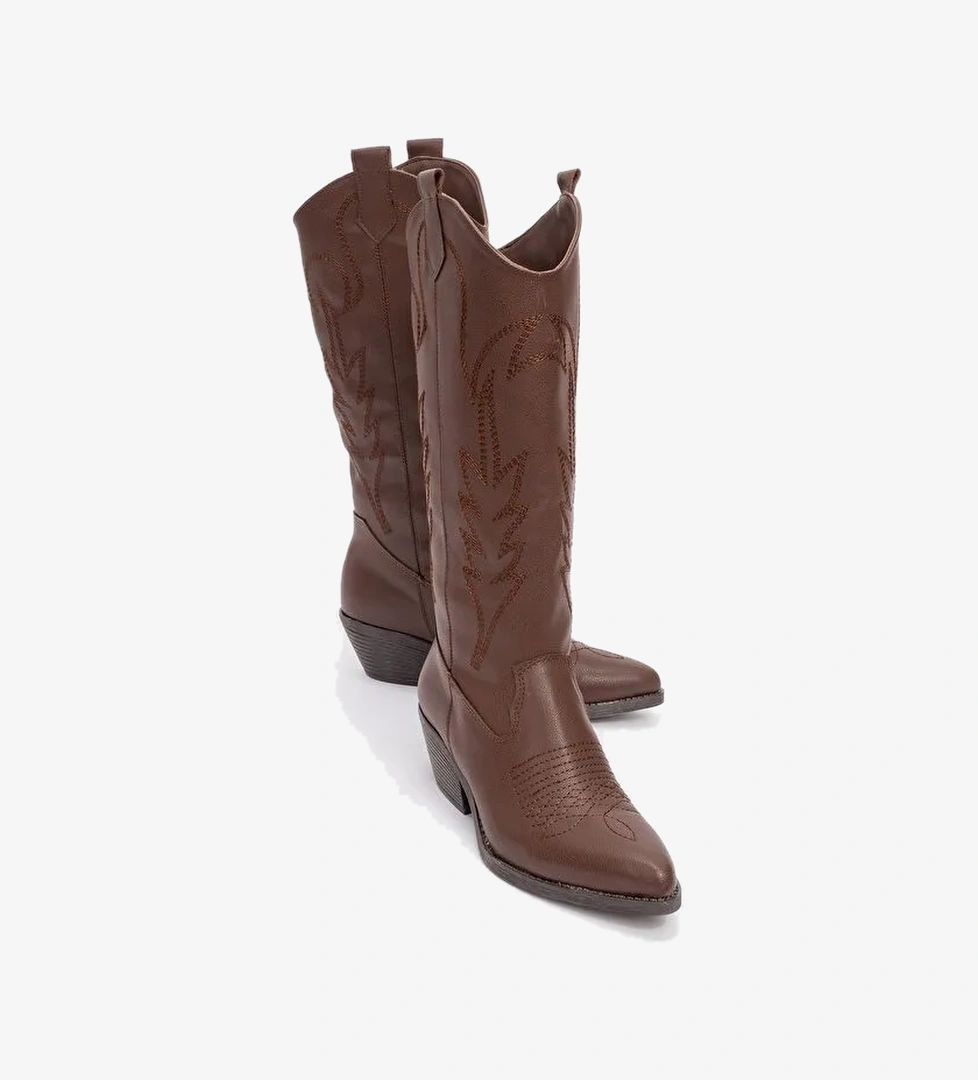 LİANA Kahve Cilt Kadın Kalın Topuklu Western Çizme - Görsel 1