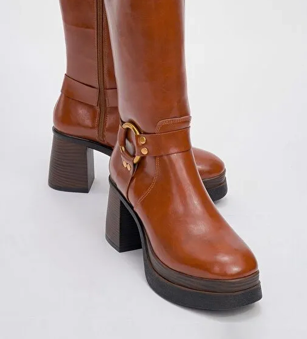 ROCK Taba Cilt Tokalı Fermuarlı Kadın Platform Topuklu Çizme - Görsel 1