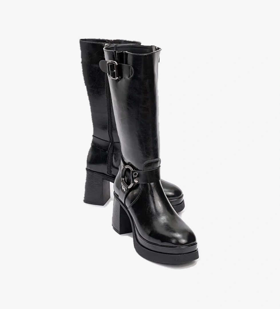 Luvi Shoes Luvi Shoes ROCK Siyah Cilt Tokalı Fermuarlı Kadın Platform Topuklu Çizme Bot | Boyner Siyah - 1. görsel