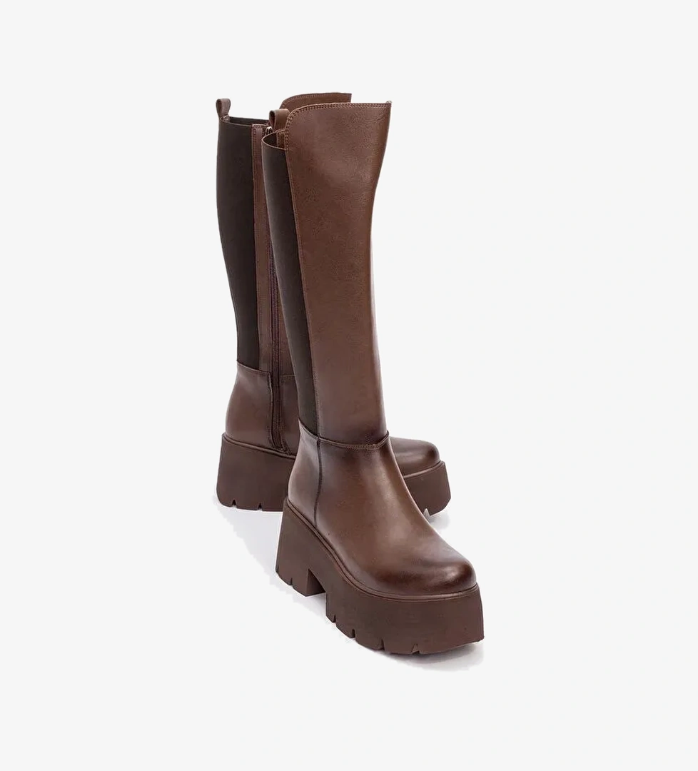 SOLO Kahve Cilt Lastikli Kadın Platform Topuklu Çizme - Görsel 1