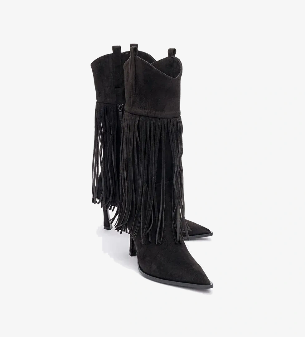 GUERAS Siyah Süet Püsküllü Sivri Burun Kadın Topuklu Çizme - Görsel 1