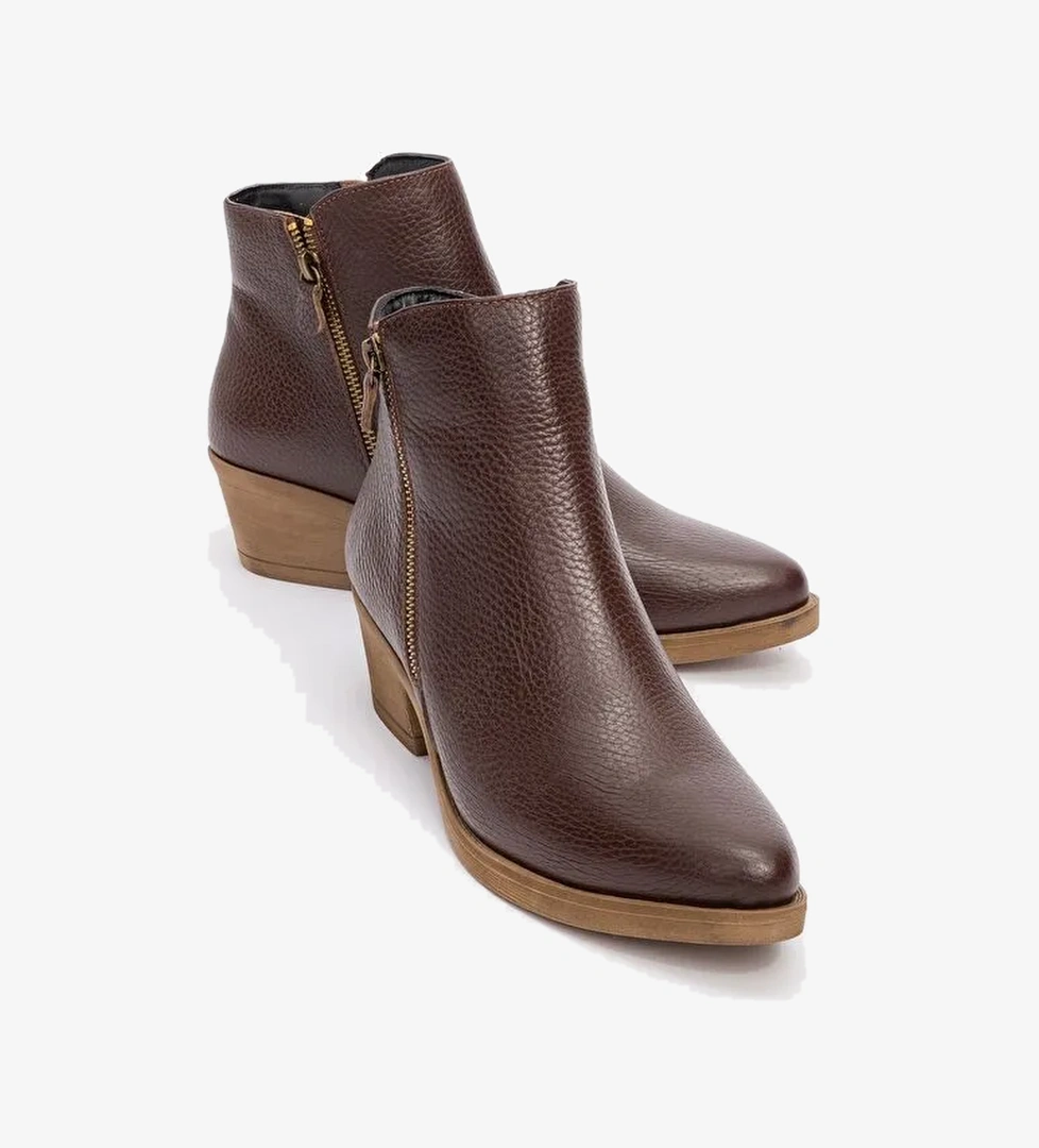 JAYER Kahve Floter Hakiki Deri Fermuarlı Kadın Topuklu Bot - Görsel 1