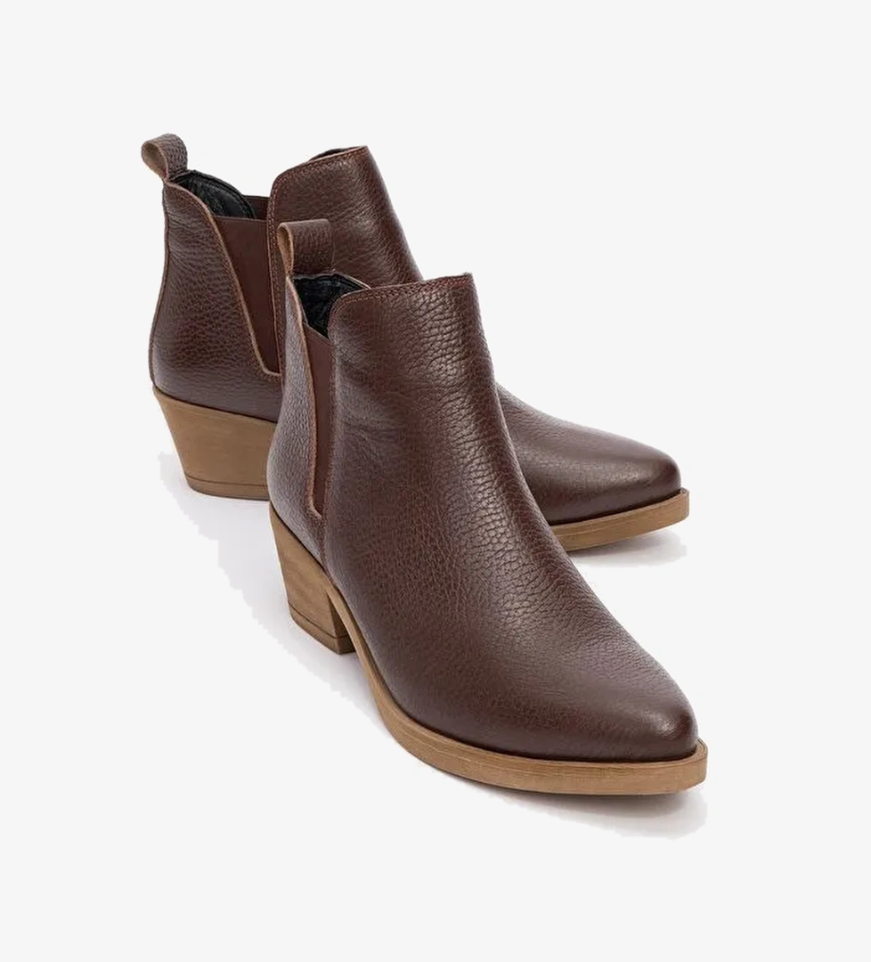 DOVENA Kahve Floter Hakiki Deri Lastikli Kadın Topuklu Bot - Görsel 1