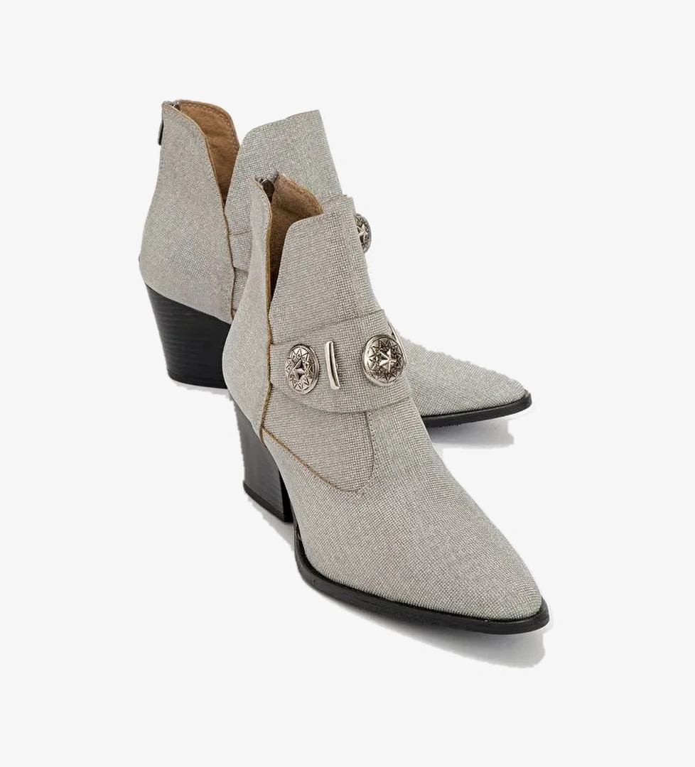 KENDA Gümüş Simli Arkadan Fermuarlı Tokalı Kadın Kalın Topuklu Bot - Görsel 1