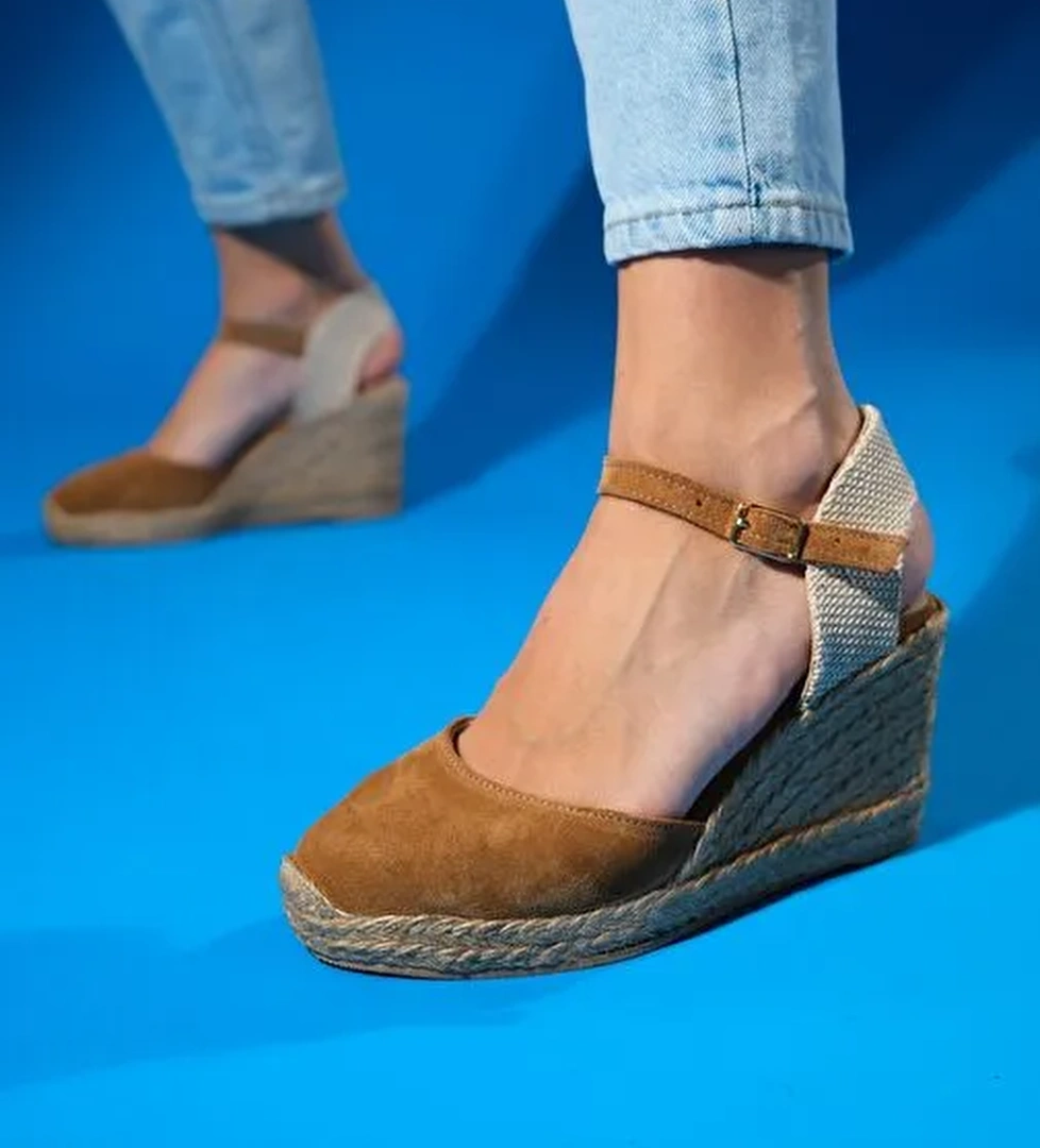 Luvi Shoes Kot Mavi Kadın Süet - Hasır Topuklu Sandalet 170-5001 - Görsel 1