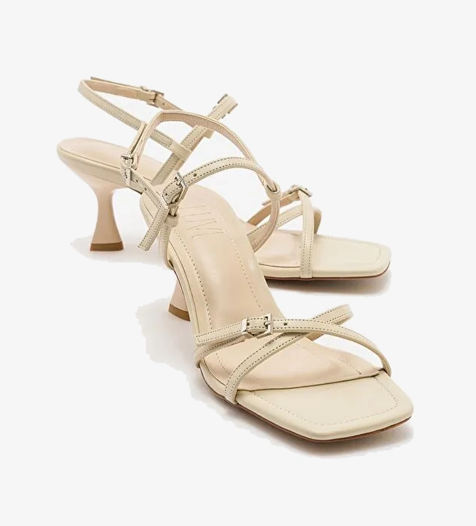 NEBEL Ekru Cilt Kadın Topuklu Sandalet - Görsel 1