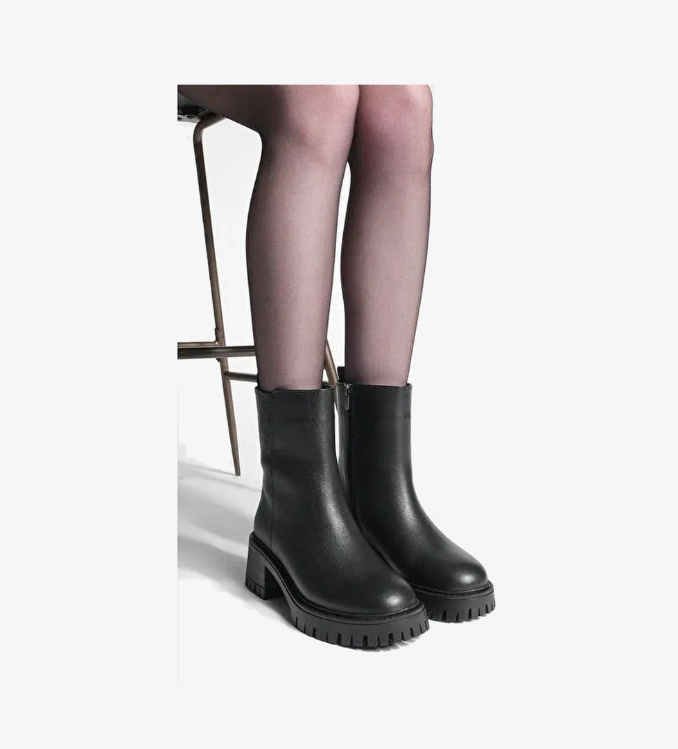 Kadın Hakiki Deri Fermuarlı Kalın Topuklu Tırtıklı Taban Günlük Bot Forlas Siyah - Görsel 1