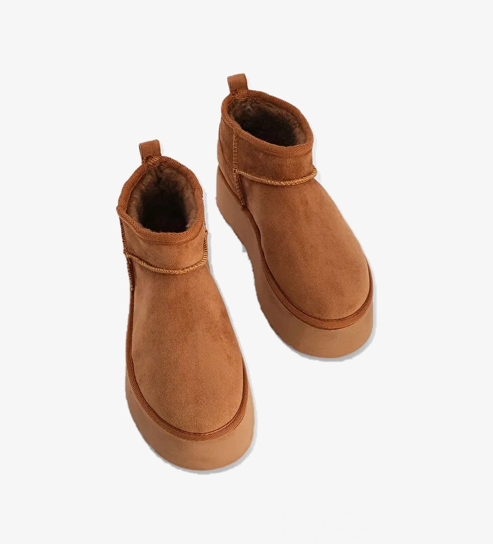 Kadın Kalın Taban İçi Kürklü Yarım Bot Tefis Taba Süet - Görsel 1