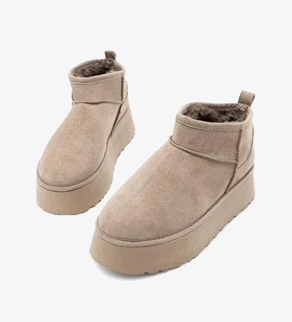 Kadın Kalın Taban İçi Kürklü Yarım Bot Tefis Vizon Süet - Görsel 1