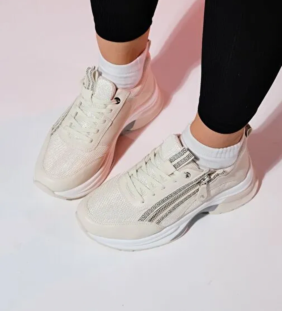 OUDE Ekru Kadın Fermuarlı Kalın Taban Spor Sneakers - Görsel 1