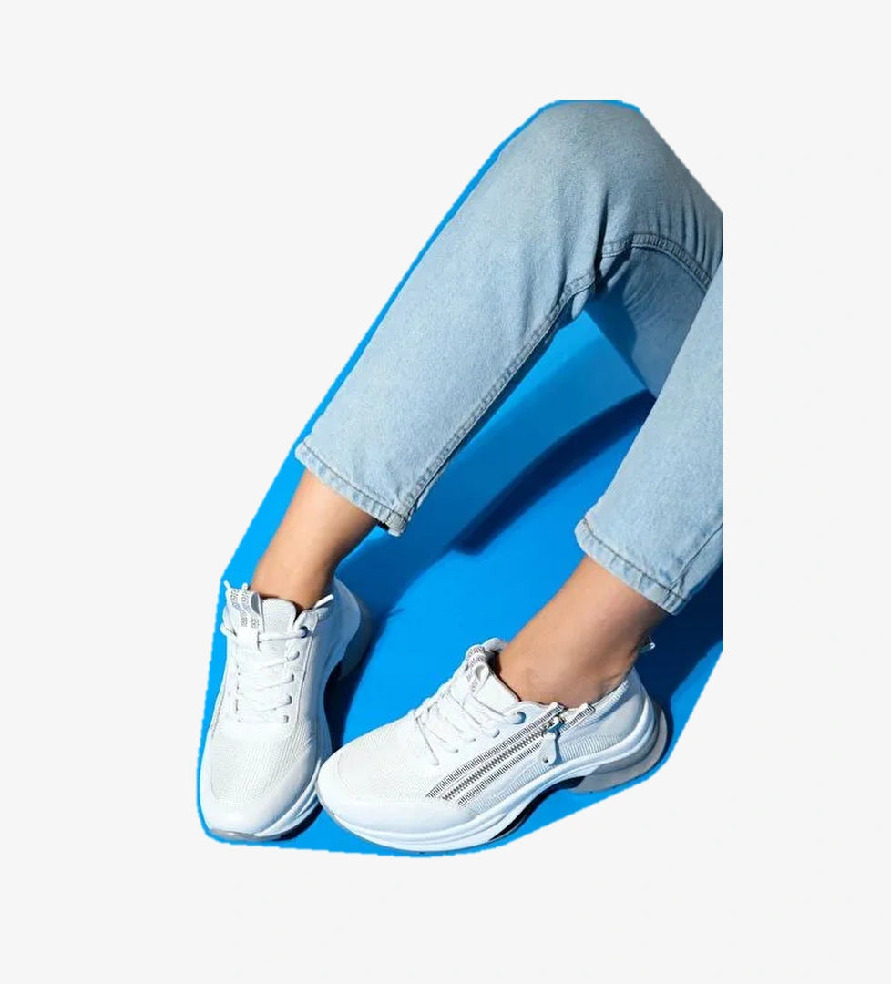 OUDE Beyaz Kadın Fermuarlı Kalın Taban Spor Sneakers - Görsel 1