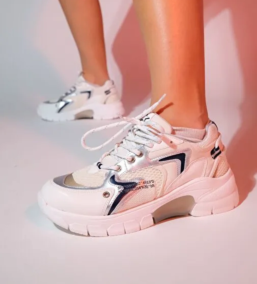 DUJA Beyaz Gümüş Multi Fileli Kadın Kalın Taban Spor Sneakers - Görsel 1
