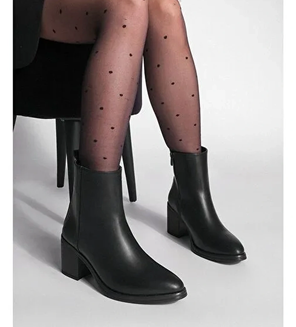 Kadın Topuklu Bot Sivri Burun Fermuarlı Cerin Siyah - Görsel 1