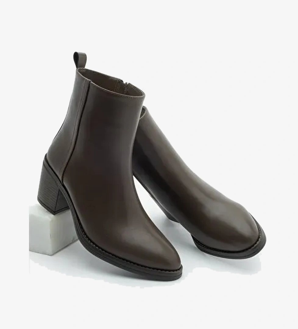 Kadın Topuklu Bot Sivri Burun Fermuarlı Cerin Kahve - Görsel 1