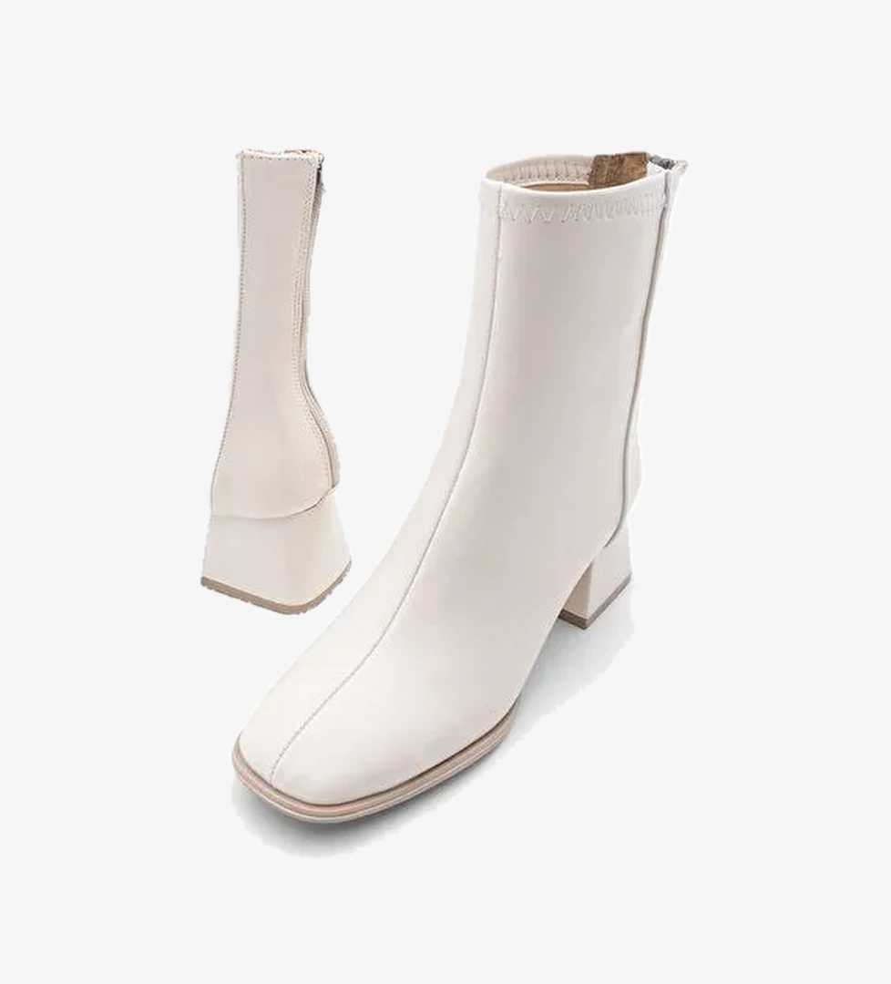 Kadın Topuklu Bot Küt Burun Arkadan Fermuarlı Nayis Ekru - Görsel 1