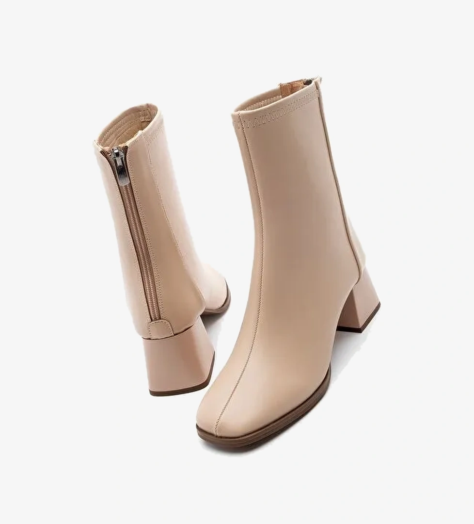 Kadın Topuklu Bot Küt Burun Arkadan Fermuarlı Nayis Bej - Görsel 1