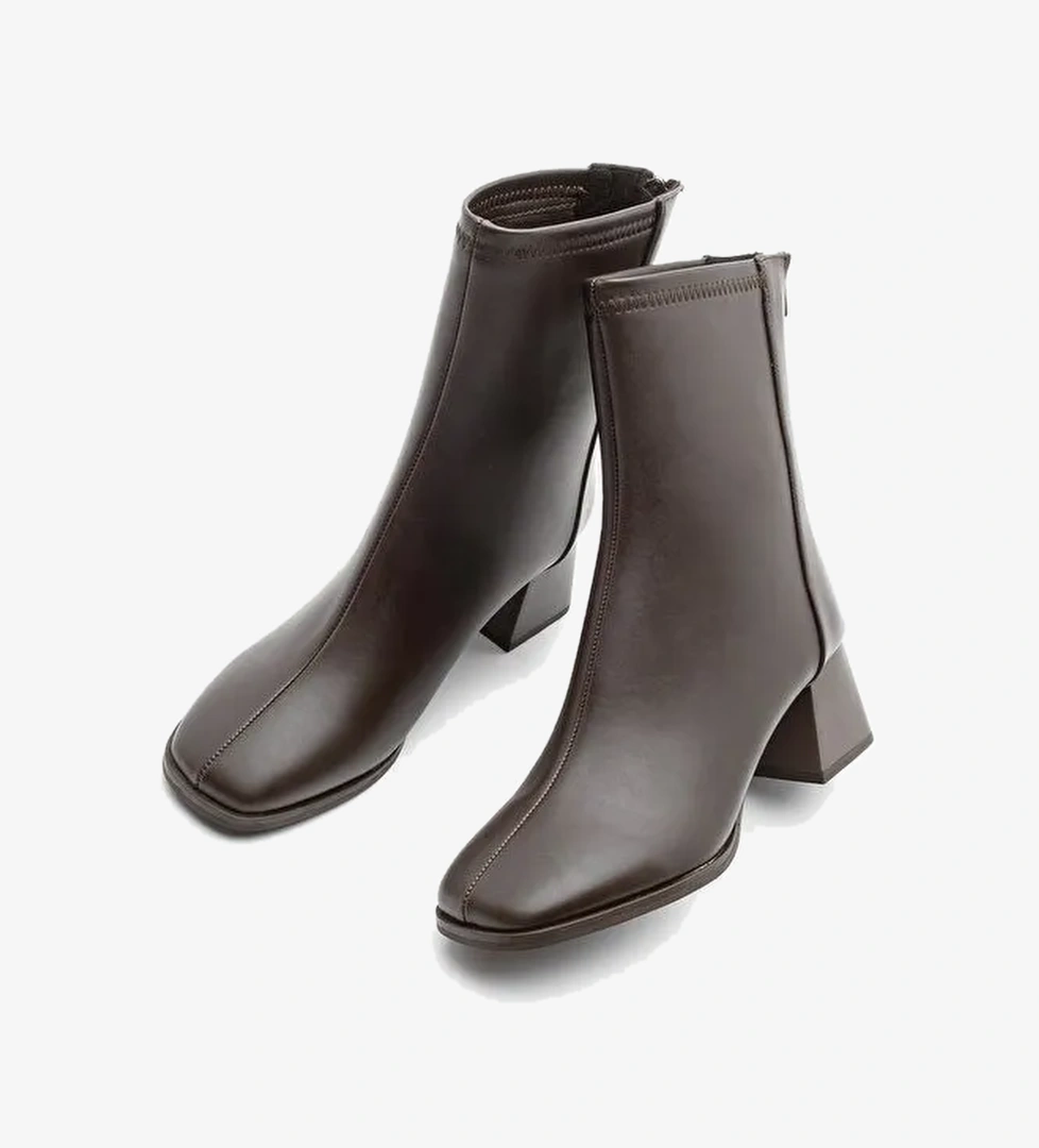 Kadın Topuklu Bot Küt Burun Arkadan Fermuarlı Nayis Kahve - Görsel 1