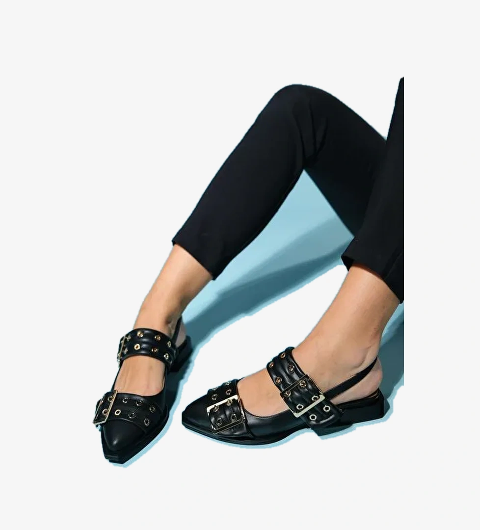 PALOMA Siyah Cilt Altın Tokalı Kadın Sandalet - Görsel 1