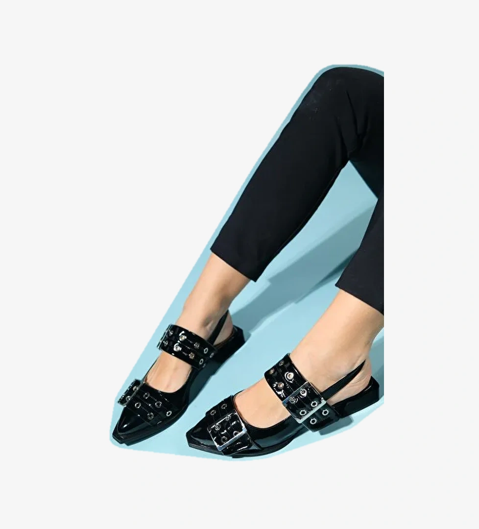 PALOMA Siyah Rugan Gümüş Tokalı Kadın Sandalet - Görsel 1