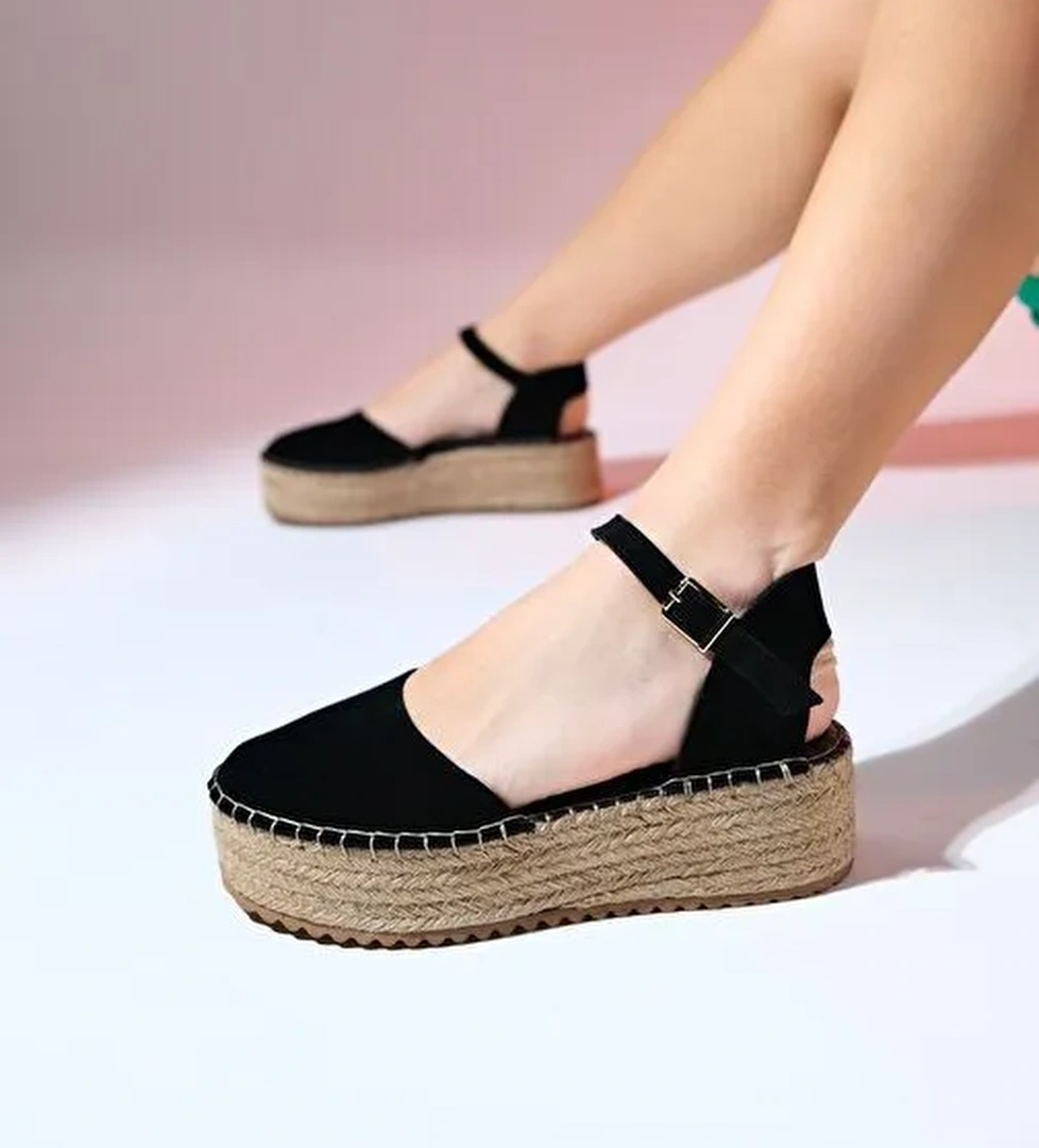 VİBA Siyah Süet Hakiki Deri Kadın Hasır Dolgu Taban Sandalet - Görsel 1