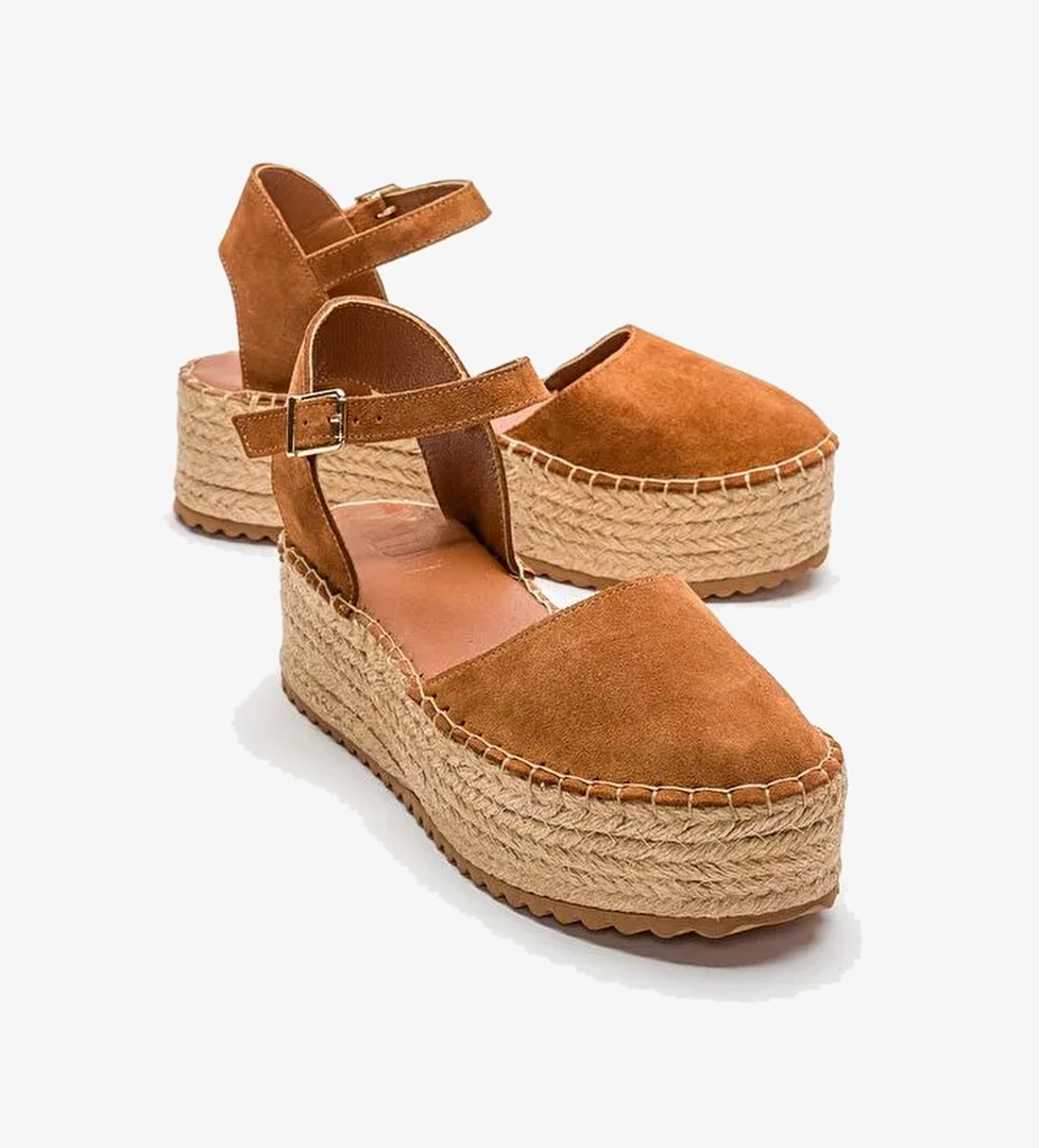 VİBA Taba Süet Hakiki Deri Kadın Hasır Dolgu Taban Sandalet - Görsel 1