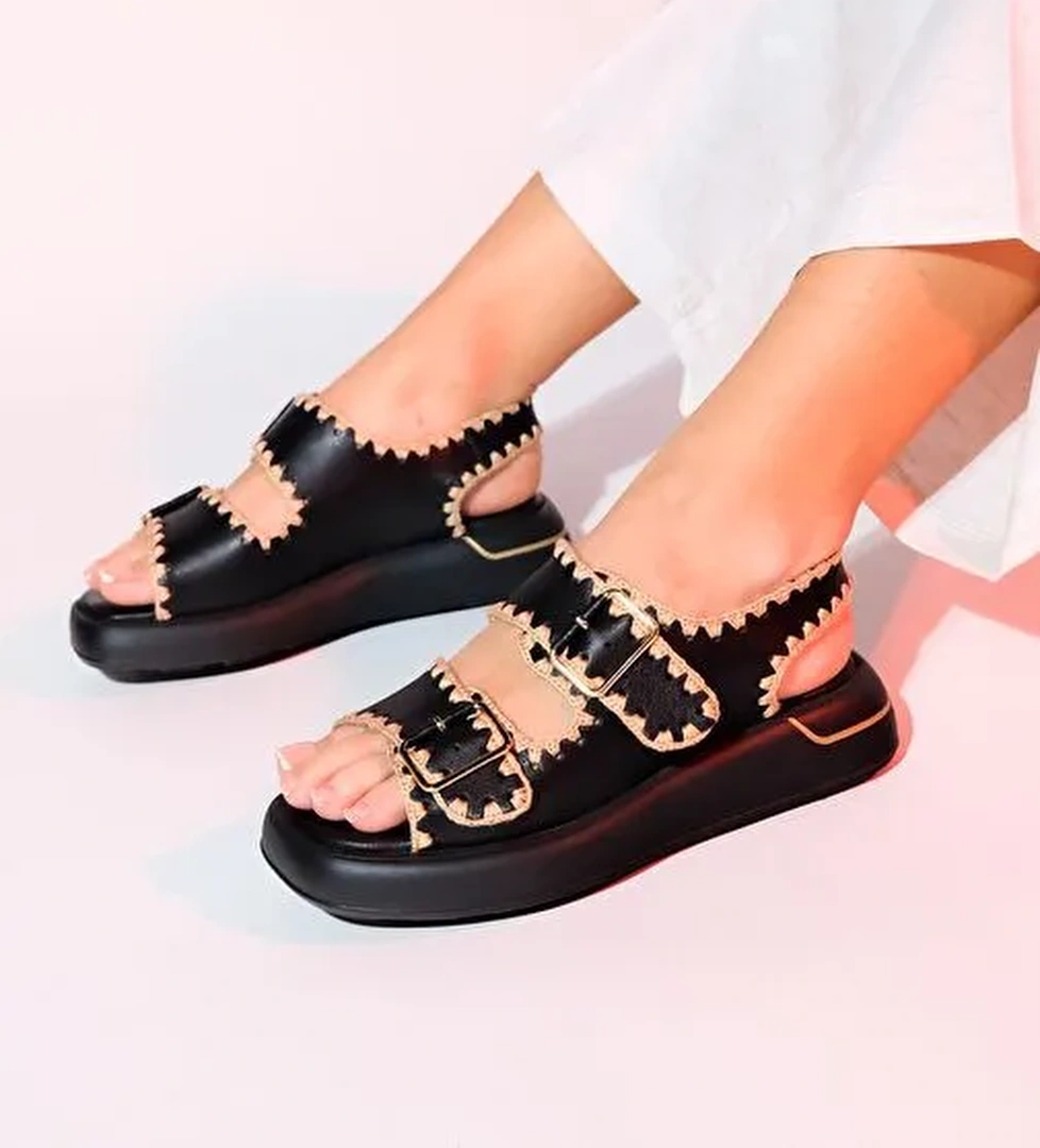 DOURO Siyah Cilt Hakiki Deri İp Örme Detaylı Kadın Sandalet - Görsel 1