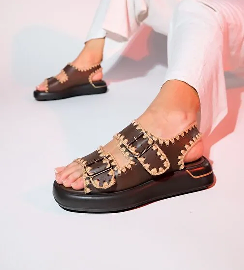 DOURO Kahve Cilt Hakiki Deri İp Örme Detaylı Kadın Sandalet - Görsel 1