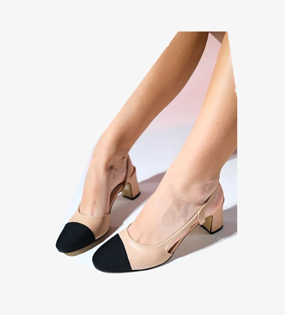 S3 Bej Cilt Siyah Kadın Burnu Kapalı Kalın Topuklu Sandalet - Görsel 1