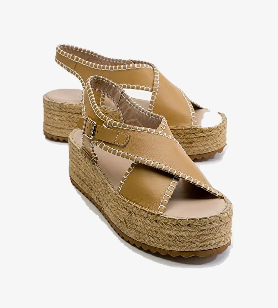 BELLEZZA Koyu Bej Cilt Hakiki Deri Kadın Sandalet - Görsel 1
