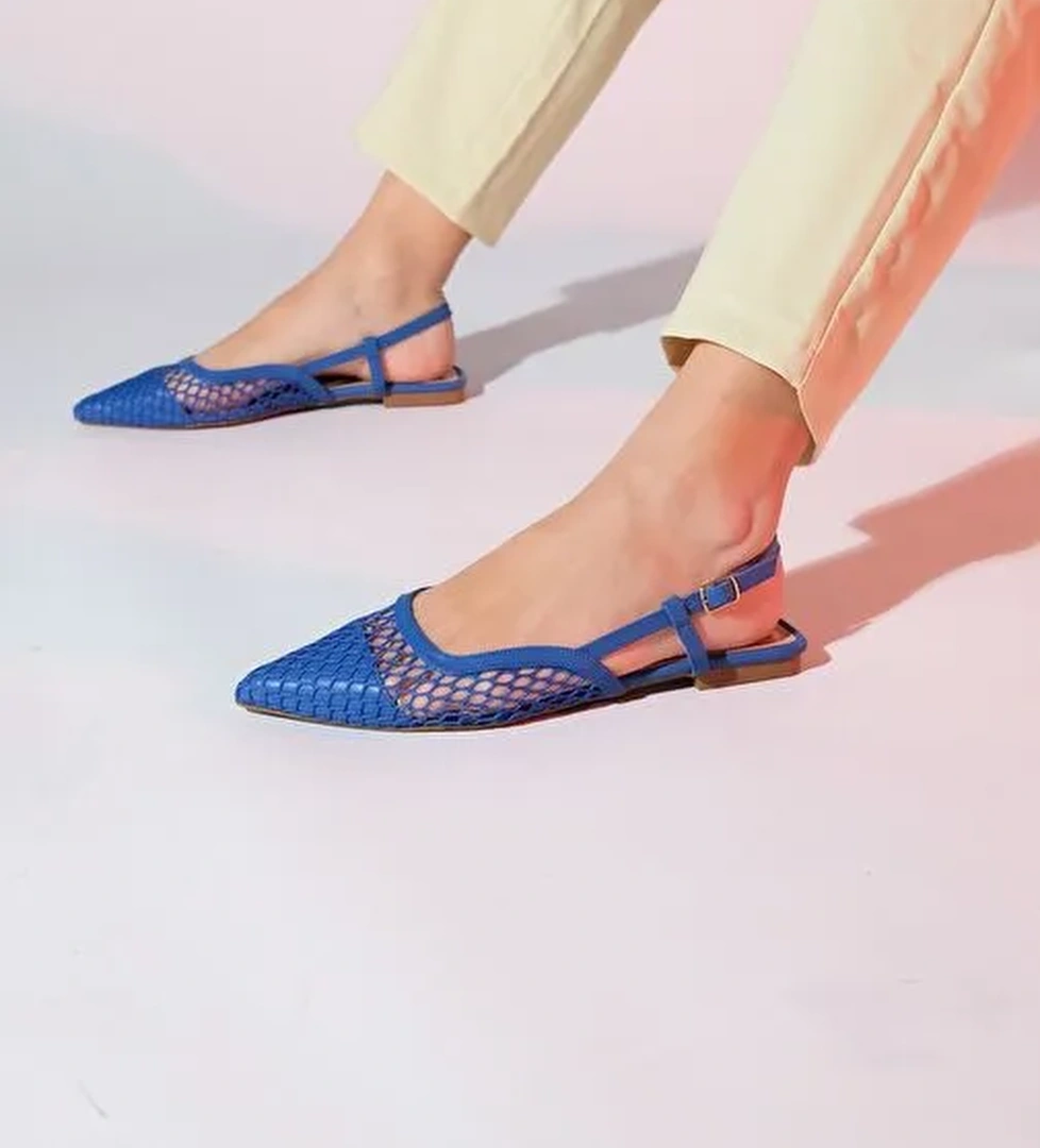 BRACE Kot Mavi Cilt Fileli Burnu Kapalı Kadın Düz Sandalet - Görsel 1